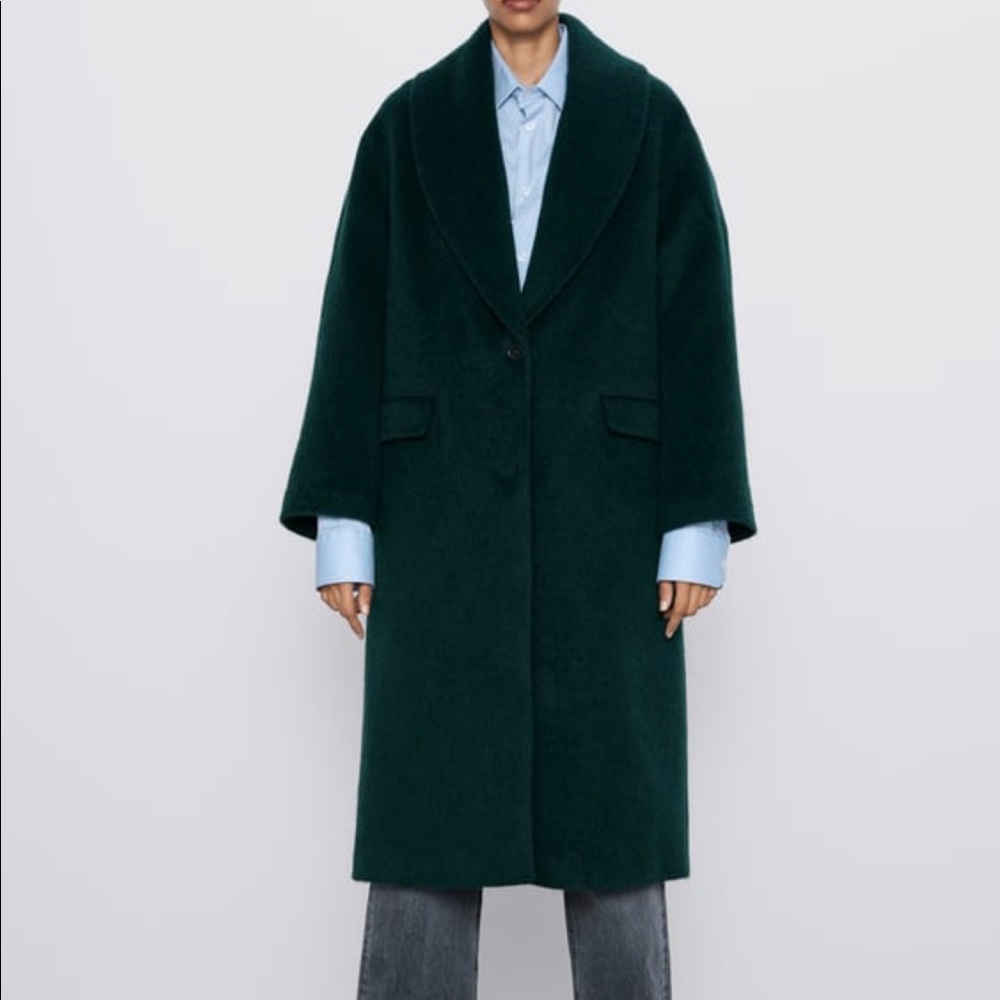 Zara Womens Green Long Coat Jacket Shawl Collar M - Picture 2 of 14